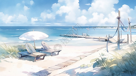 浪漫沙滩水彩风景画背景图片