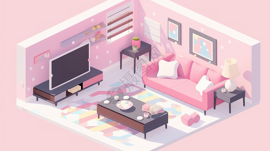 可爱粉色主题等距风卡通小客厅背景图片