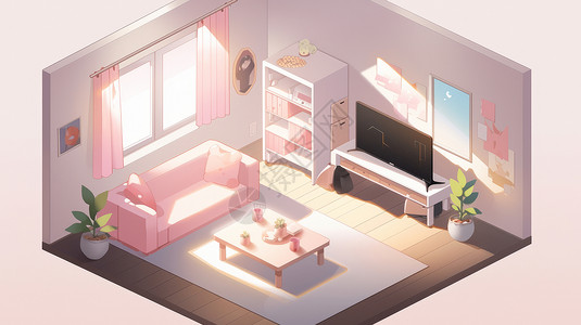 卡通粉色客厅阳光从窗子照进来背景图片