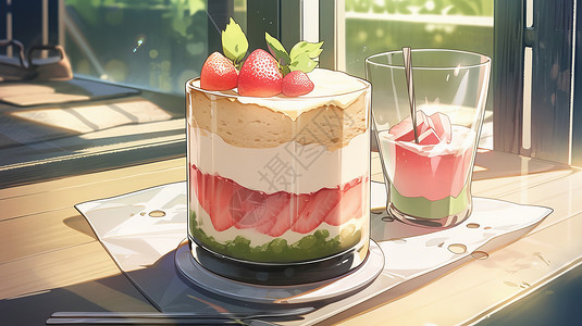 草莓酸奶蛋糕美味的卡通蛋糕杯甜点插画