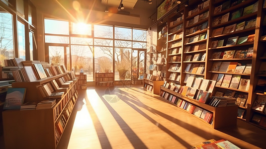 透过窗户看阳光透过玻璃照在书店里插画