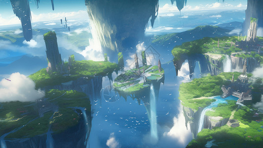 科幻卡通飘在空中的梦幻岛屿和城市背景图片