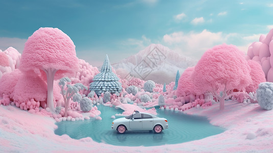 甜美色系的场景里的小汽车背景图片
