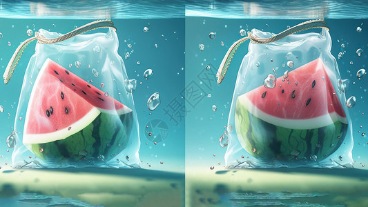 卡通西瓜在透明袋中放在水里双视角背景图片