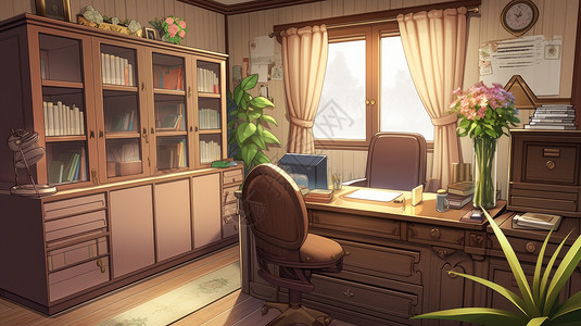 棕色窗帘卡通复古有窗子的办公室插画