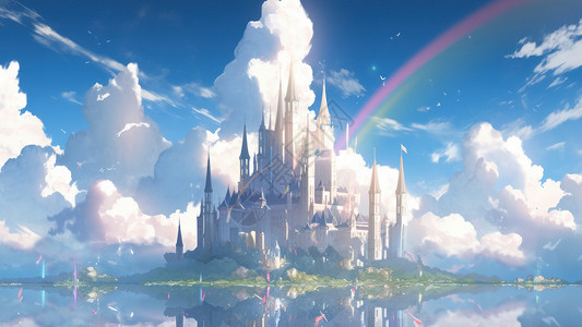 空岛云朵包围的欧式梦幻卡通城堡插画