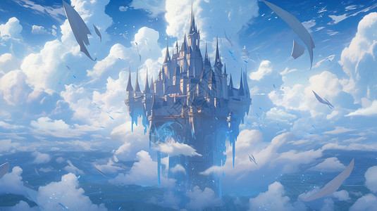 蓝天空飘在空中的卡通古典欧式卡通城堡插画