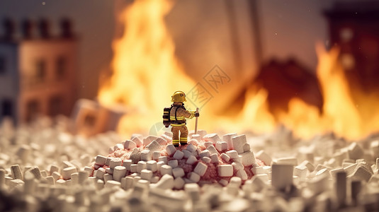 小土堆消防员在棉花球里灭火插画