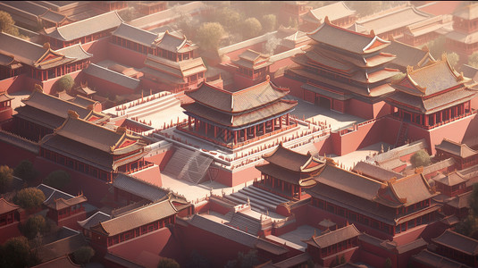 卡通故宫紫禁城红墙金瓦鸟瞰图背景图片