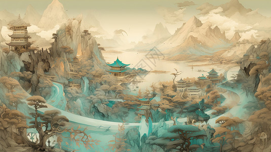 中国古风建筑大气的古风山水画风景全景插画