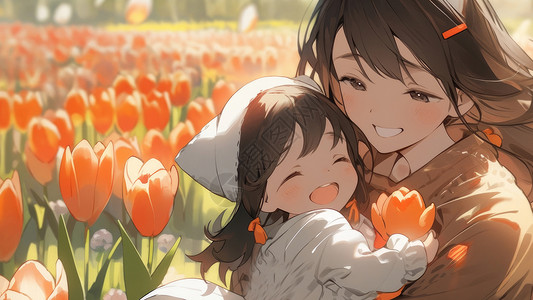 拥抱中的母女小女孩和妈妈在郁金香花园中欢快的拥抱插画