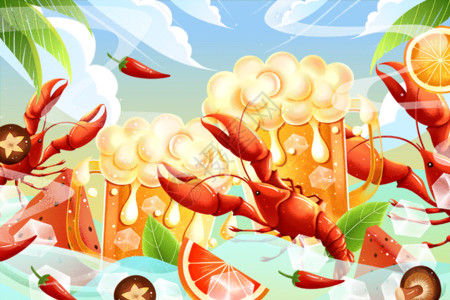 夏季美味拌面夏日美食啤酒小龙虾插画gif动图高清图片