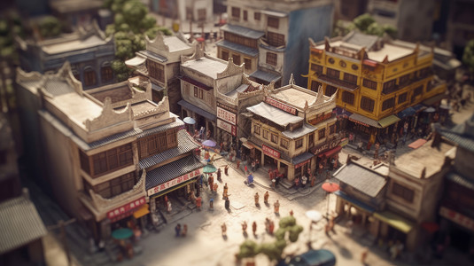 中国古老的建筑热闹的街道鸟瞰图图片