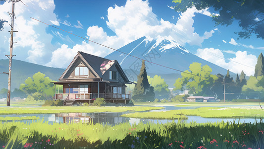 蓝天白云下一座村庄边上的一座卡通木房子背景图片