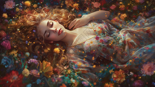 西山睡美人梦幻金色长发卷发的女孩躺在花丛中睡觉插画