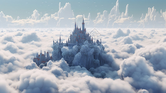 在云朵上的一座神秘梦幻的欧式城堡高清图片