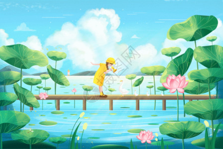 清新狂暑季首页清新治愈夏天池塘上的小女孩GIF高清图片