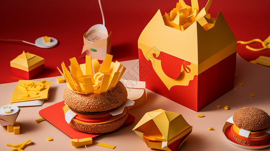 快餐包装立体纸质包装汉堡薯条插画
