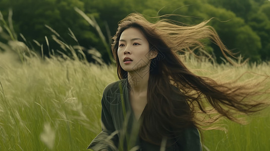 在草丛中被风吹起长发的东方女孩背景图片
