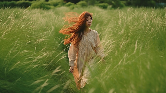 沈梦辰长裙写真穿米色长裙走在高高的草丛中的东方女孩插画