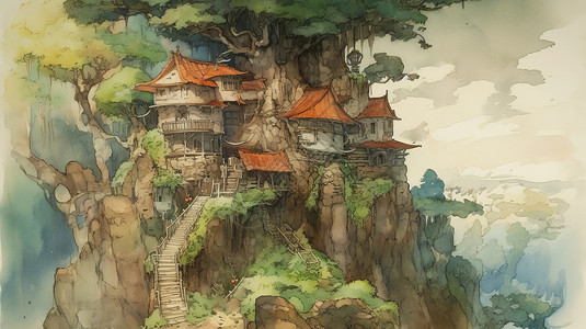 在高高的深山上几个梦幻复古风卡通水彩房子图片