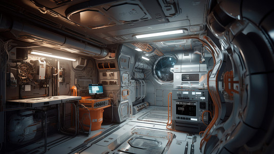 机舱内部科幻高科技感的空间站内部结构空间插画
