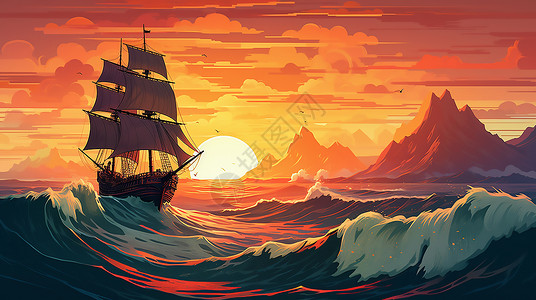 迎着夕阳乘风破浪航行的大船插画