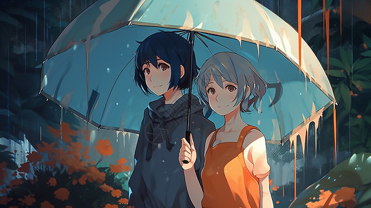 朋友一起玩下雨天一起撑伞去玩的朋友插画