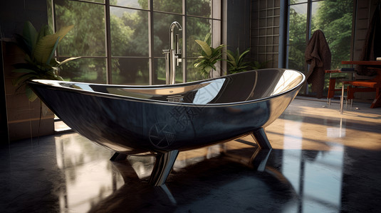 大玻璃窗金属质感浴缸在森林的别墅屋内插画