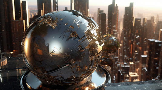 在城市中的巨型科幻金属球城市雕塑图片