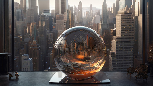 玻璃球质感透明水晶球放在窗台上俯瞰城市插画