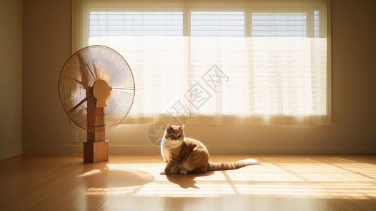 日系风室内一只花猫在吹电风扇高清图片