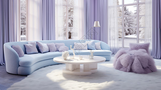 紫色沙发阳光照进客厅毛茸茸的白色色沙发和白色地垫插画