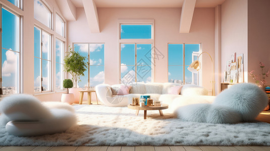 温暖的阳光照进华丽的客厅毛茸茸的白色色沙发图片