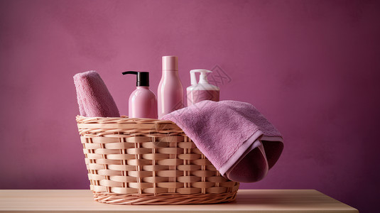 紫色电商背景在紫色墙前面放着一筐洗浴用品背景
