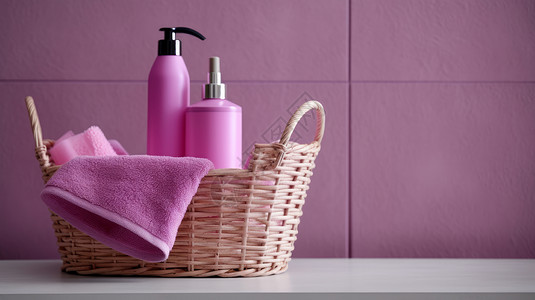 竹篮子里放着一块紫色毛巾和沐浴露润肤乳瓶背景图片