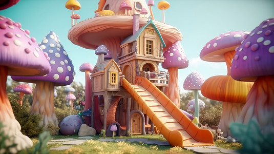 童话世界中多彩卡通蘑菇屋背景图片