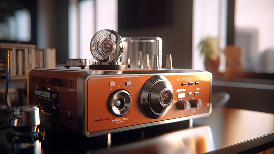 怀旧收音机放在桌子上橙色有旋转钮的音箱插画