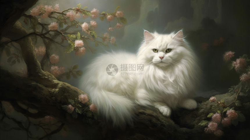趴在开花的树上的长毛白色猫图片