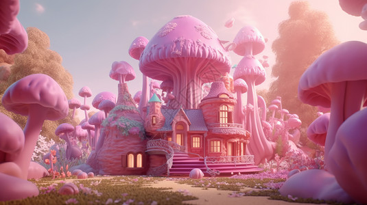 立体深色背景卡通粉色立体卡通蘑菇屋在森林里插画