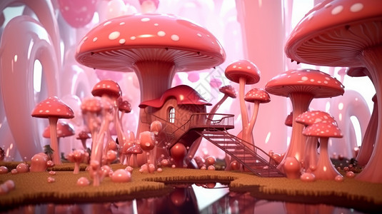 粉蘑菇色梦幻卡通蘑菇世界小房子依傍在蘑菇下插画