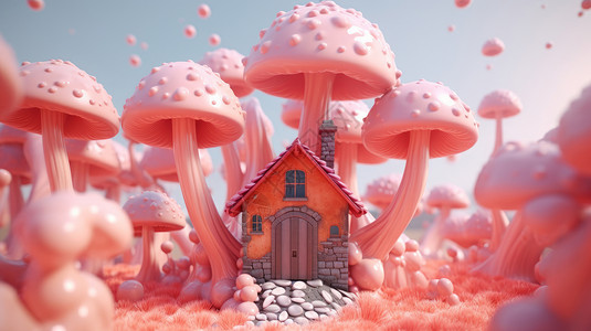 立体深色背景卡通立体小石头屋长出来很多巨大的粉色蘑菇插画