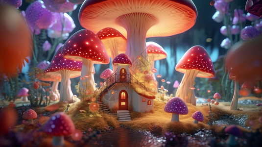 夜晚闪闪发光的梦幻卡通童话立体蘑菇屋背景图片