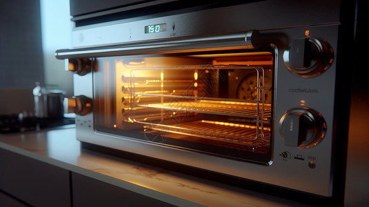 厨房小家电金属质感发光正在工作的电烤箱插画