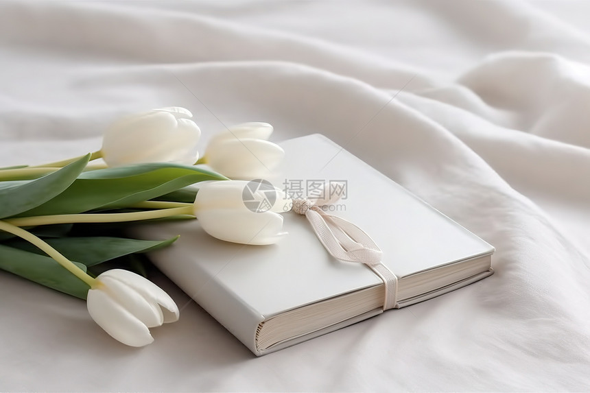 郁金香书籍白色丝绸背景图片