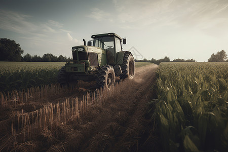 农用拖拉机在田里收割蔬菜插画