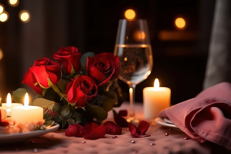 红色玫瑰花花瓣浪漫晚餐蜡烛红色玫瑰花插画