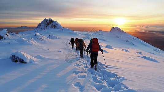 冬天日出登山者征服攀登雪山插画