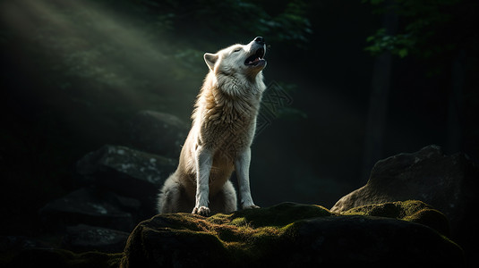 白狼在黑暗森林中站在石头上的嚎叫图片