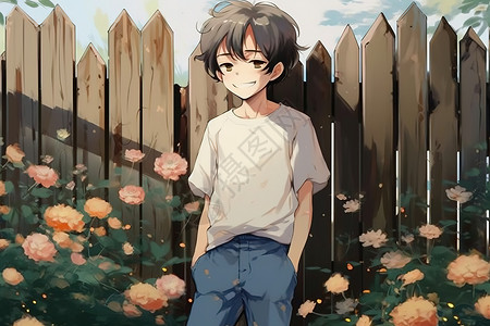 一个帅气男孩靠在篱笆上花朵动漫背景图片